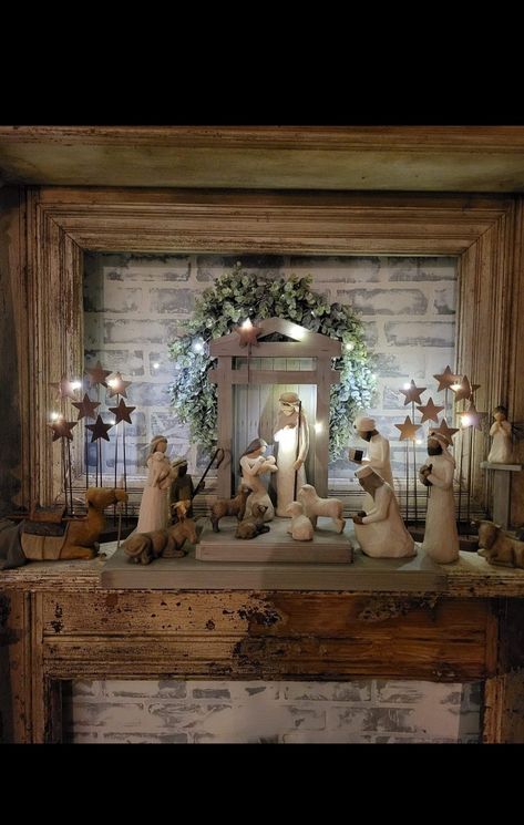 Nativity Setup Ideas, Nativity Christmas Tree Decorations, Nativity Scene Display On Buffet, Willowtree Nativity Display Ideas, Mantel Nativity Scene Display, Nativity On Mantle, Christmas Nativity Scene Display Indoor, Nativity Mantel Ideas, Small Nativity Scene Display