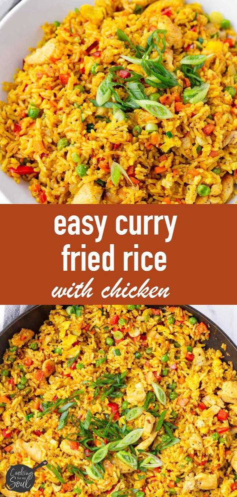 Easy Curry Rice Recipes, Coconut Curry Fried Rice, Yellow Curry Rice Recipes, Fried Rice With Rotisserie Chicken, Curry Chicken Fried Rice, Curry Powder Chicken, Curry Powder Recipes Easy, Curry Chicken Rice And Peas, Sides For Curry Chicken