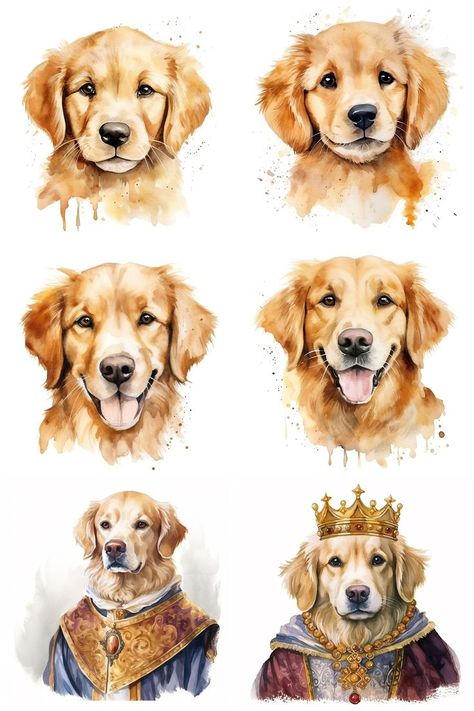 🐶 GOLDEN RETRIEVER Watercolor Portraits. Puppy, adult and royal version. Watercolor dog memorial gift idea. 🎁 Golden Retriever Portrait, Golden Retriever Watercolor, Watercolor Dog Portrait, Portrait Watercolor, Dog Memorial Gift, Dog Wall Art, Watercolor Portrait, Watercolor Dog, Bernese Mountain Dog