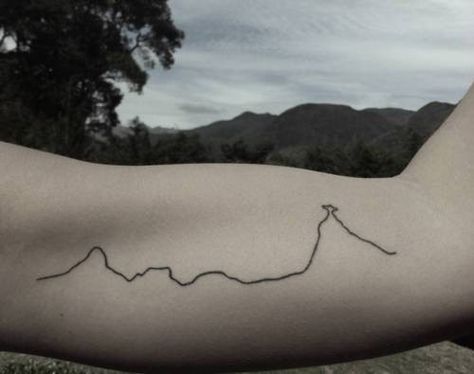 Simple Mountains Line Tattoo On Arm Sleeve Rio De Janeiro Tattoo Ideas, Elevation Tattoo, Jupiter Tattoo, Moutain Tattoos, Skyline Tattoo, Silhouette Tattoo, Evil Tattoo, Mountain Silhouette, Landscape Tattoo