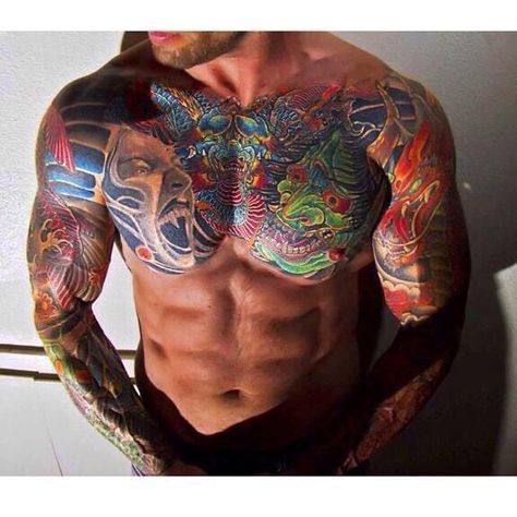 Colour Tattoo Men, Through Tattoo, Colour Tattoo, Chest Tattoos For Women, Chest Tattoo Men, Great Tattoos, Tattoo Trends, Chest Tattoo, Muscle Men