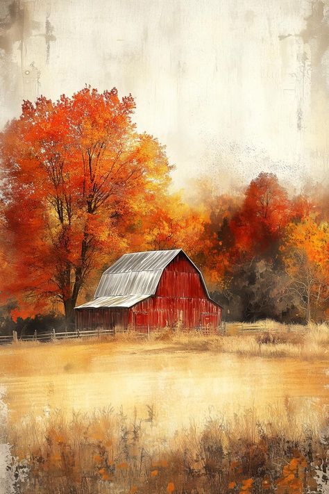 This stunning artwork captures the essence of autumn with its vivid fall colors and rustic charm. Emulating the style of renowned artist Andrew Wyeth, our canvas print showcases a radiant red barn nestled amidst a vibrant landscape of orange and golden foliage. The juxtaposition of the barn's textured surface against the soft, blurred background creates a serene atmosphere, perfect for any home decor. Crafted with meticulous attention to detail, each piece is a celebration of the beauty found in Fall Farm Painting, Fall Landscape Painting, Barn Pictures, Barn Painting, Farm Scene, Andrew Wyeth, Vintage Fall, Blurred Background, Red Barn