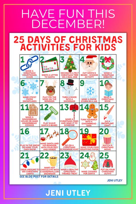 Activities For Kids At Home Christmas, 25 Days Of Christmas Activities For Kids, Christmas Enrichment Activities, 12 Days Of Christmas Kids Activities, Christmas Theme Days For Preschool, Daycare Christmas Activities, Christmas Activities To Do With Kids, Xmas Kids Activities, 12 Days Of Christmas Dress Up Ideas For School