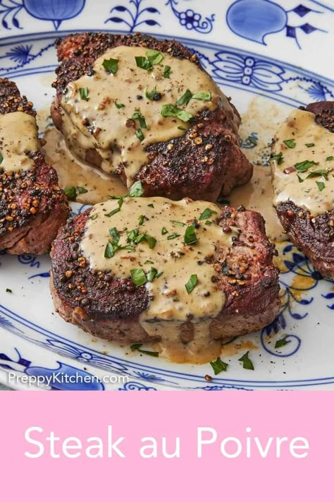 A classic French dish, this Steak au Poivre is a simple but impressive dish that is perfect for entertaining or as a quick weeknight meal. Perfectly seared beef tenderloin steaks with a peppercorn-crusted exterior coated in a delicious Cognac cream sauce, this recipe comes out flawlessly every single time. Peppercorn Crusted Steak, Tenderloin Steak Recipes, Crusted Steak Recipe, Beef Tenderloin Steaks, Creamy Peppercorn Sauce, Crusted Steak, Preppy Kitchen Recipes, Florentines Recipe, Beef Tenderloin Recipes