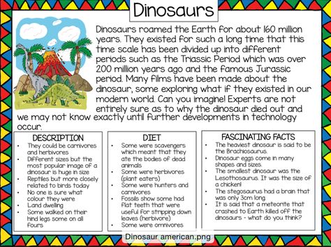 https://www.teacherspayteachers.com/Product/Dinosaurs-Information-text-2999384 Dinosaur Information, Dinosaur Worksheets, Dinosaur Lesson, Dinosaur Classroom, Dinosaur Theme Preschool, Articles For Kids, Diwali Activities, School Study Ideas, Preschool Circle Time