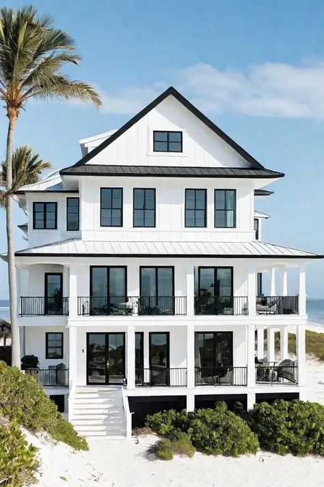 Beach House Black Windows, Home With Black Trim, Homes With Black Trim, White Beach House Exterior, Black Beach House, Black Trim Exterior, Black And White Beach House, Black And White House Exterior, Black Gutters