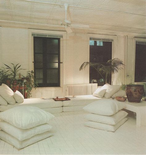 80s white on white with some palms for good measure! #eighties #interiordesign #interiorstyling #interiordecorating #decoration… Lacquered Table, White Painted Floors, 80s Interior Design, Pillows White, 80s Interior, Terence Conran, Vintage Interior Design, Painted Floor, Carlo Scarpa