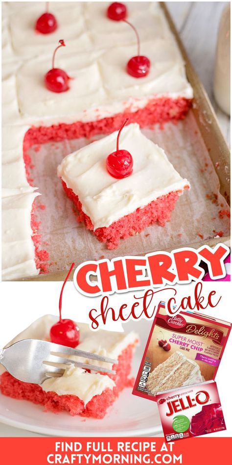 Cherry Sheet Cake Recipe- so yummy and easy to make! Summer dessert treat idea to make for the kids or family. Potlucks, bbqs, birthday parties this is great. Crowd pleaser for sure. Cherry chip box cake mix and jello! Cherry Sheet Cake, Cherry Chip Cake Mix, Jello Cake Recipes, Cherry Chip Cake, Cherry Cake Recipe, Sheet Cake Recipe, Boxed Cake Mixes Recipes, Cake At Home, Jello Dessert Recipes