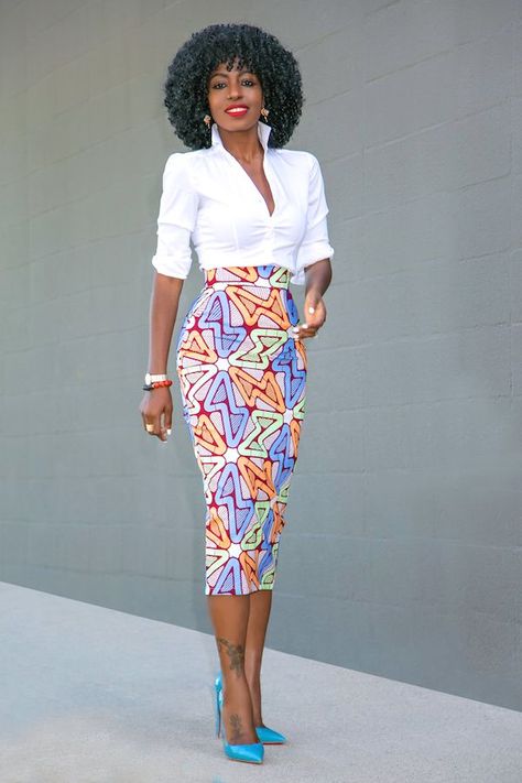 Style Pantry | Fitted Button Down + Custom Print Pencil Skirt #AfricanFashion Fitting Skirts Pencil African Print, African Pencil Skirt High Waist, African Print Pencil Skirt High Waist, Ankara Pencil Skirt High Waist, African Print Skirt Pencil, Long Pencil Skirt Outfits, African Pencil Skirt, Ankara Pencil Skirt, African Print Pencil Skirt