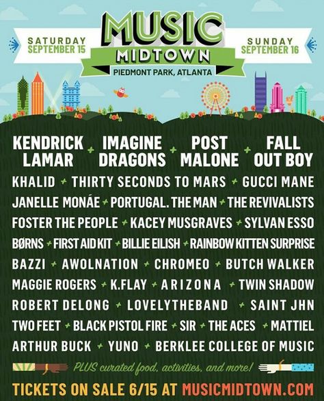 Music Midtown 2018 poster in Atlanta Post Malone Music, Piedmont Park Atlanta, Music Midtown, Twin Shadow, Rainbow Kitten Surprise, American Festivals, Rainbow Kittens, Berklee College Of Music, Foster The People