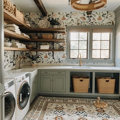 Transform Your Space: 25 Stunning Laundry Room Wallpaper Ideas Laundry Room Design Modern Luxury, Laundry Room Design Rustic, Modern Luxury Laundry Room, Large Laundry Room Design, Laundry Room Design With Sink, Craftsman Laundry Room, Boho Laundry Room, Laundry Room Wallpaper Ideas, Modern Organic Kitchen