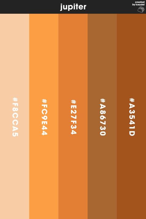 Jupiter Planet inspired colour palette. Providing valuable a colour palette which can be used to colour different designs, whether that be logos, illustrations or related branded content. (Created by Iceydel - Graphic Designer & Illustrator) Jupiter Color Palette, Jupiter Logo, Jupiter Illustration, Jupiter Color, Mars Aries, Aries Rising, Jupiter Planet, Diamond Color Scale, Planet Colors