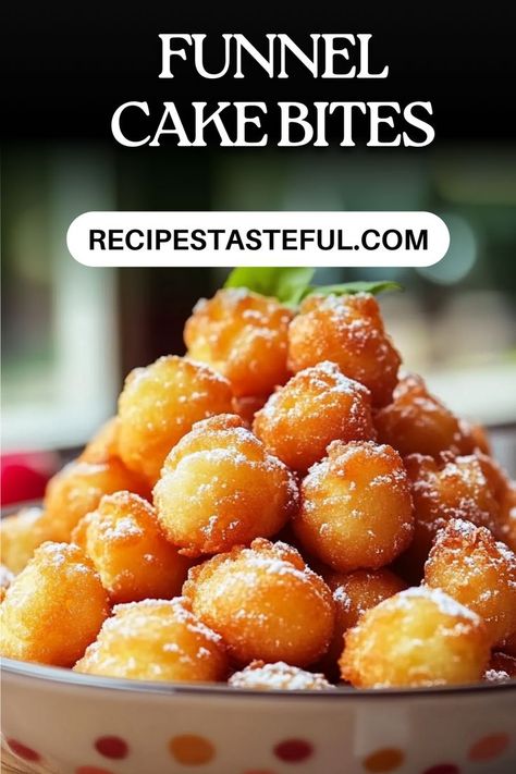 Deliciously crispy funnel cake bites, perfect for any occasion! These bite-sized treats are quick to make and can be enjoyed on their own or with your favorite dipping sauces. Funnel Cake Donut Recipe, Funnel Cake Recipe No Eggs, Crispy Funnel Cake Sticks, Funnel Cake Bites Recipe, Gluten Free Funnel Cake, Mini Funnel Cakes, Funnel Cake Batter, Appetizer Sweet, Apple Cheesecake Recipes