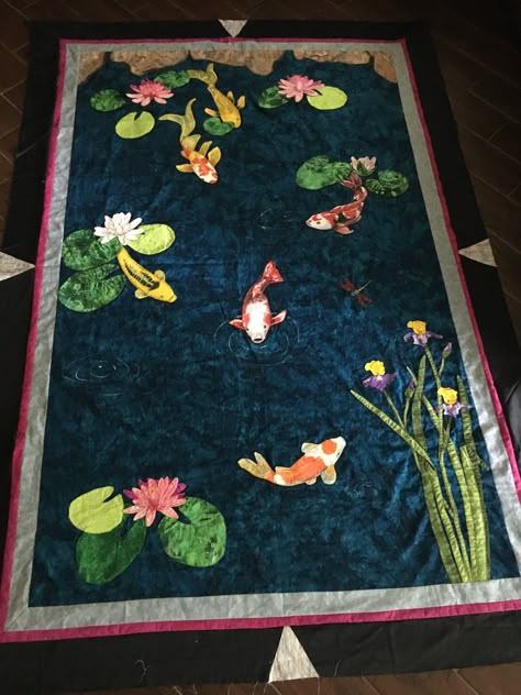 Koi Fish Quilts, Koi Fish Quilt Pattern, Lily Pad Quilt, Water Lily Quilt, Koi Quilt, Water Quilt, Fish Quilt Pattern, Creative Quilts, Asian Quilts