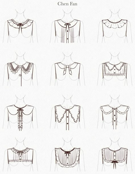 Pattern Fashion Design Clothing, Lace Patterns Drawing Templates, Collar Sketch, Collar Drawing, Collar Types, Blouse Drawing, Fashion Illustration Tutorial, Fashion Design Drawing, Fashion Figure Drawing