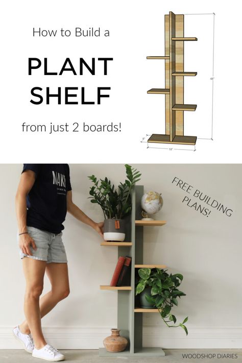 Easy DIY Plant Shelf | Made with Just 2 Boards! Wooden Plant Stand Diy How To Build, Woodworking Projects Shelves, Diy Tiered Plant Stand Indoor, Plant Stands Diy Indoor How To Build, Creative Plant Stands, Diy Wood Plant Stand, Diy Plant Shelf, Wooden Gift Ideas, Cardboard Table