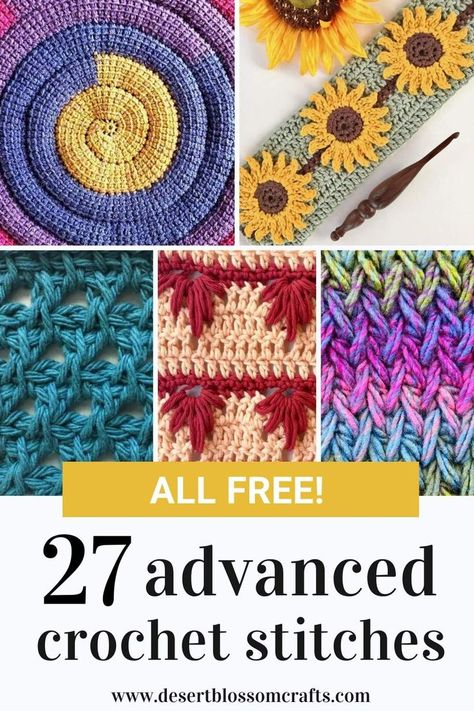 advanced crochet stitches collage Advanced Crochet Stitches Free, Crochet Stiches Ideas, Advanced Crochet Patterns, Pretty Crochet Stitches, Yarn Activities, Crochet Carpets, Tunisian Crochet Free, Advanced Crochet Stitches, Crochet Blanket Stitch