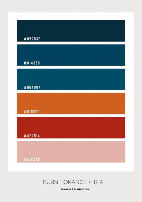 Burnt Orange + Dark Coral + Teal Bedroom For Modern Chic Looks Burnt Orange Blue Bedroom, Dark Blue Orange Color Palette, Orange Bedroom Color Schemes, Burnt Orange Blue Color Palette, Colour Palette Blue Orange, Blue And Burnt Orange, Burnt Orange And Blue Living Room, Orange And Blue Bedroom Ideas, Teal Blue Palette