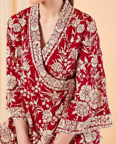 PATINE on Instagram: "Bold Gara blooms in white silk thread  are hand embroidered on sumptuous vermillion red silk base of our Classic Gara wrap top.

Discover our collection online at www.patinecollection.com or visit us at our atelier: PATINE 584, Udyog Vihar Phase V, Gurugram, Haryana 122016  You can also shop via Whatsapp, text us at +91 7053134444 

#patine #parsigara #parsi #crafts #mughal #handembroidery" Gara Embroidery Design, Parsi Gara Embroidery, Gara Embroidery, Vermillion Red, Bridal Jewellery Earrings, Whatsapp Text, Thai Wedding, Spring 2025, Antique Jewelry Indian