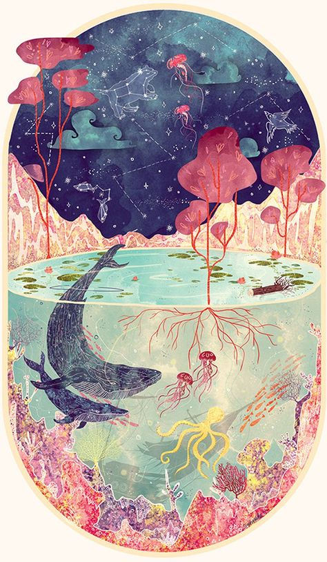 #art #water #creature #stars Odd Art Surrealism, Yoga Kunst, Character Sketches, Arte Inspo, Art Et Illustration, Art And Illustration, 판타지 아트, Nature Illustration, Doodle Patterns