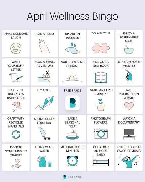 24 Joyful Wellness Activities for April | Balance App Wellness Bingo, Couples Meditation, How To Laugh, Laugh More, Better Lifestyle, Simple Activities, Breathing Meditation, Wellness Activities, Sleep Meditation