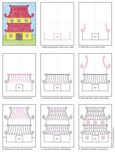 Draw an Asian House. PDF tutorial available. #howtodraw #artprojectsforkids #asian Art History Projects For Kids, Asian Art Projects, Asian House, Chinese Crafts, Art Projects For Kids, Art Worksheets, Homeschool Art, History Projects, Art Lessons Elementary