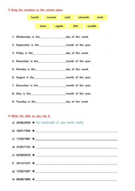 Dates in British English 5° worksheet English Exercises Worksheets, English Language Learning Activities, Speaking Activities English, English Adjectives, Ordinal Numbers, Numbers Worksheets, English Language Test, English Teaching Materials, English Activities For Kids