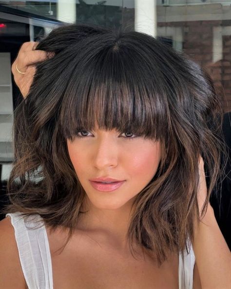 Dark Hair Lob With Bangs, Lob With Heavy Bangs, Dark Brown Lob With Bangs, Shaggy Lob For Thick Hair Round Face, Thick Shoulder Length Hair With Bangs, Choppy Textured Lob With Bangs, Shoulder Length Bob Hairstyles With Bangs, Lob Haircut With Bangs Round Faces, Lob With Layers And Bangs