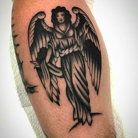 Traditional Angel Tattoo, Black Angel Tattoo, Cupid Tattoo, Traditional Tattoo Old School, Traditional Tattoo Inspiration, Demon Tattoo, Tattoo Photography, Black Angel, Leg Sleeve Tattoo