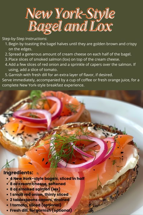 Ingredients: •	4 New York-style bagels, sliced in half •	8 oz cream cheese, softened •	8 oz smoked salmon (lox) •	1 small red onion, thinly sliced •	2 tablespoons capers, drained •	1 tomato, sliced (optional) •	Fresh dill, for garnish (optional) Lox Bagel Board, Smoked Salmon Bagel Sandwiches, Bagels And Lox Recipe, Bagel And Lox Recipe, Bagel Snacks, Breakfast Menu Design, Lox Recipe, Lox Bagel, Croissant Sandwiches