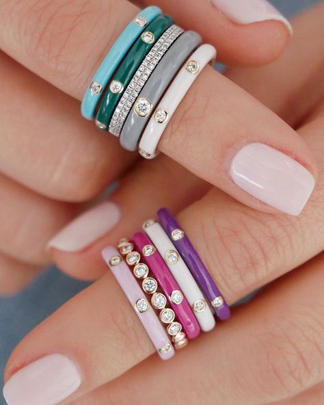 Enamel Rings, Stack Ring, Stacking Bands, Stacked Jewelry, Pink Enamel, Enamel Ring, Enamel Jewelry, Color Ring, Color Combo