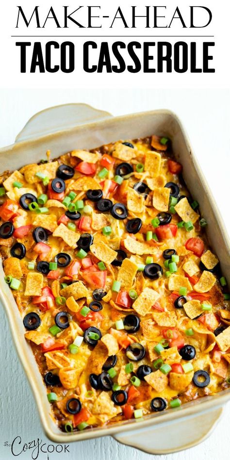 This Taco Casserole Recipe is loaded with all of your Mexican favorites and topped with Doritos, Fritos, or Tortilla Chips! It’s easy to assemble days ahead of time and bake later for an easy dinner! #tacocasserole #taco #mealprep #casserole #mexicanfood Dump And Bake Taco Casserole, Fritos Recipe, Mexican Toppings, Easy Taco Casserole, Make Ahead Casseroles, Mexican Favorites, Cozy Cook, Mexican Pizza, Taco Casserole