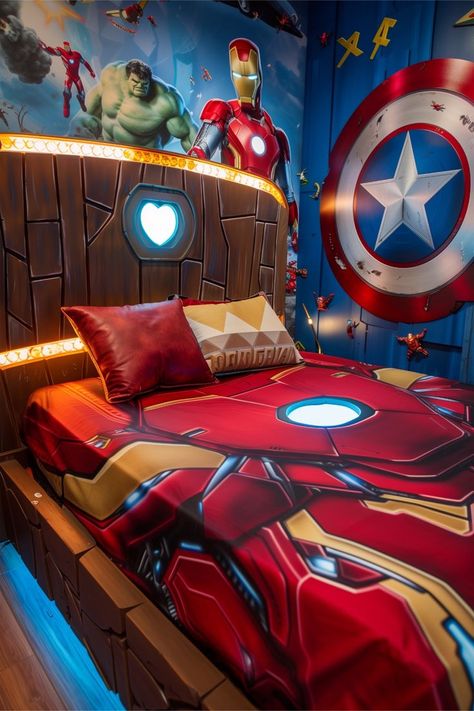 Iron Man Room Ideas, Science Playroom, Boys Marvel Bedroom, Avengers Bedroom Ideas, Avengers Bed, Marvel Boys Bedroom, Iron Man Room, Marvel House, Avengers Bedroom