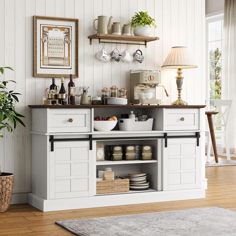 PRICES MAY VARY. 【Stylish Buffet Sideboard】 Naice buffet cabinet with flip-up drawers, beautiful and elegant farmhouse style, adding rustic charm flair. Features 2 sliding barn doors, save space and you can easily access to items via metal slides that glide smoothly and quietly. 【Ample Storage Space for All Needs】①The spacious tabletop can place coffee makers or buffet lamps. ②With adjustable shelves, you can customize your storage space. ③2 drawers allow you to classify your tableware, tissues, Sideboard Kitchen Storage, Dining Room Buffets And Sideboards, Kitchen Buffet Cabinet Decor, Built In Buffet Kitchen, Kitchen Decor Ideas Farmhouse, Kitchen Buffet Decor, Buffet Cabinet Decor, Wine Bar Kitchen, Farmhouse Buffet Table