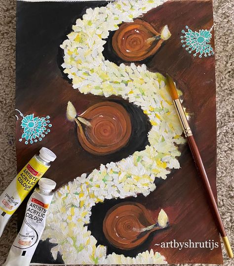 My attempt at painting Jasmine garland and diyas  #mogra #diya #acrylicpainting #acrylics #artoftheday #art Jasmine Painting, Jasmine Garland, How To Paint, Painting Acrylic, Art School, Art Day, Art Works, Acrylic Painting, Paint