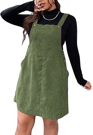 WDIRARA Women's Plus Size Corduroy Overalls Sleeveless Solid Pinafore Dress with Pocket Green Corduroy Overall Dress, Plus Size Corduroy Skirt Outfit, Outfits Con Jumper, Plus Size School Outfits, Green Jumper Outfit, Green Denim Dress, Plus Size Pinafore, Green Overall Dress, Overall Dress Outfit