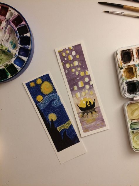 #bookmarks #vangogh #starrynight #rapunzel Rapunzel Bookmark, Painted Mirror Art, Creative Book Cover Designs, Creative Book Covers, Bookmarks For Books, Creative Bookmarks, Watercolor Books, Watercolor Bookmarks, Diy Bookmarks