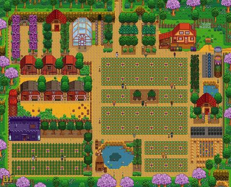 Standard Farm Stardew Valley, Strawdew Valley, Stardew Valley Standard Farm Layout, Stardew Valley Farm Layout Standard, Farm Layouts, Stardew Ideas, Stardew Farm, Stardew Valley Farm, Terraria House Ideas