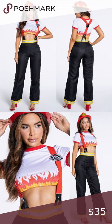 Fire Alarm Firefighter Costume by Leg Avenue, Sz S Fire Fighter Costume Women, Firefighter Pants, Fighter Costume, Costume Pirate, Fireman Hat, Firefighter Costume, Heart On Fire, Red Suspenders, Fighter Girl