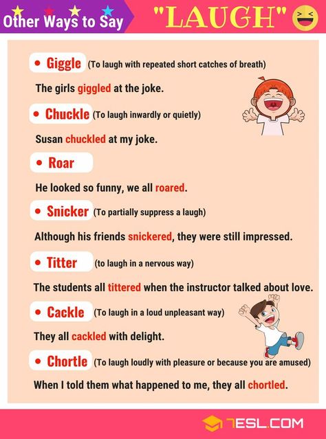 Synonyms for LAUGH!!! Following is a list of LAUGH synonyms in English with examples to help you expand your English vocabulary. Synonyms For Laughing, Laughing Synonyms, Laughed Synonyms, Synonyms For Laugh, Laugh Synonyms, Another Word For Laugh, Idioms And Phrases, English Learning Spoken, Conversational English