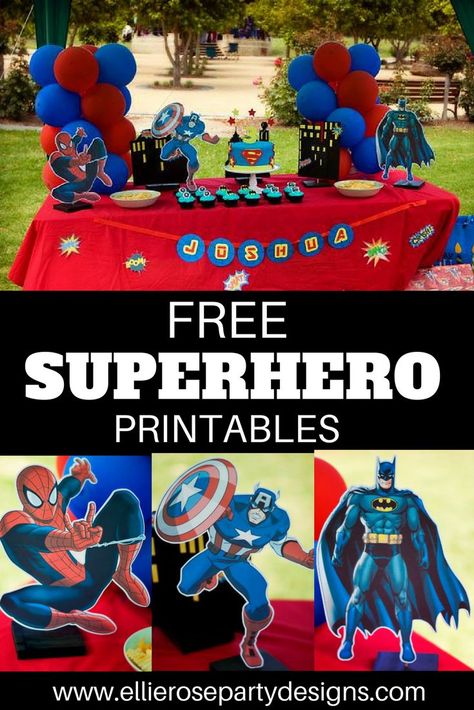 DIY Superhero Party Idea Printables for boys.  Spiderman, Batman & Captain America FREE party printables Diy Superhero Party, Diy Superhero Birthday Party, Superhero Printables Free, Batman Printables, Superhero Printables, Captain America Party, Superhero Party Decorations, Diy Superhero, Marvel Birthday Party