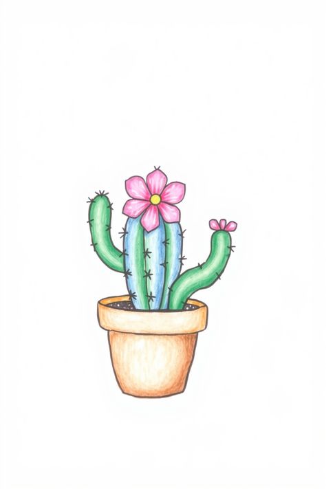 Check Out This Cute Cactus Drawing & 12+ Other Cactus Drawing Ideas! #drawinginspiration #drawing Cute Cactus Drawing Simple, Cacti Drawing Simple, Cute Cactus Drawing, Coffee Cup Drawing, Tulip Drawing, Procreate Ideas, Pikachu Drawing, Baby Cactus, Wave Drawing