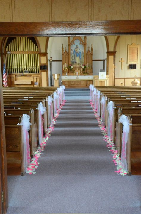 pew bows and petals along the aisle Diy Wedding Aisle Decorations, Diy Wedding Aisle, Church Pew Wedding Decorations, Church Pew Wedding, Church Pew Decorations, Wedding Pew Decorations, Pew Decorations, Wedding Pews, Aisle Decorations