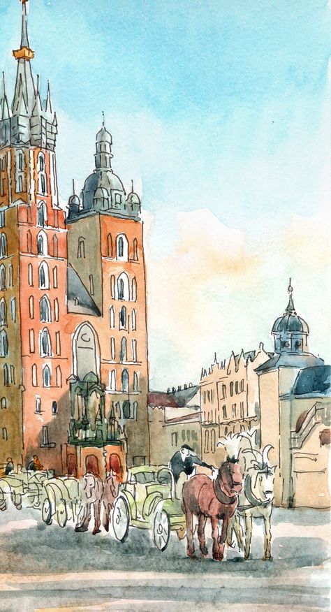 Krakow Print Poland Wall Art Europe Watercolor Painting - Etsy Ukraine European Watercolor, Poland Drawing, Europe Drawing, Europe Watercolor, Xmas Poster, Poland Art, Travel Sketchbook, European City, Travel Painting