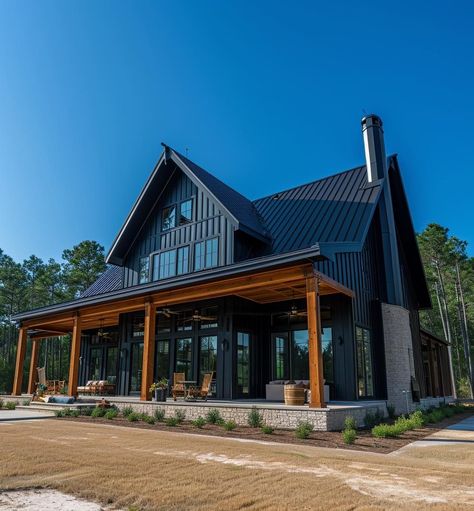 (20+) Facebook Black Barnodium Homes, All Black Farmhouse, Farmhouse Exterior Black, Black House With Wood Accents, Dark Grey Farmhouse, Industrial Farmhouse Exterior, Black Barndo, Modern Black Farmhouse, Barndo Interior