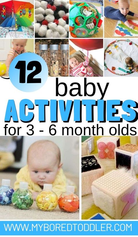 12 baby activities for 3 - 6 month olds - fun activity ideas to do at home with a baby aged 3 months, 4 months, 5 months or 6 months - easy baby play ideas and activiies for babies under 6 months old #myboredtoddler #babyplay #babytips #babyactivity #babyactivities Activities Four Month Old, 4 Month Montessori Activities, Crafts For 4 Month Old, 3 Month Sensory Play, Sensory 5 Month Old, 5-6 Month Old Activities, Activities To Do With A 4 Month Old, Montessori Activities 5 Month Old, Diy Sensory Play For 6 Month Old