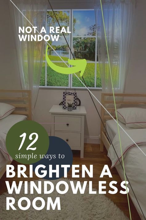 Small No Window Bedroom, Making A Dark Room Look Brighter, Apartment Without Windows, Windowless Bedroom Ideas Small Spaces, Bedroom With No Natural Light, Creating Light In Windowless Room, How To Make Your Room Brighter, Diy Faux Window Light, Rooms Without Windows Ideas