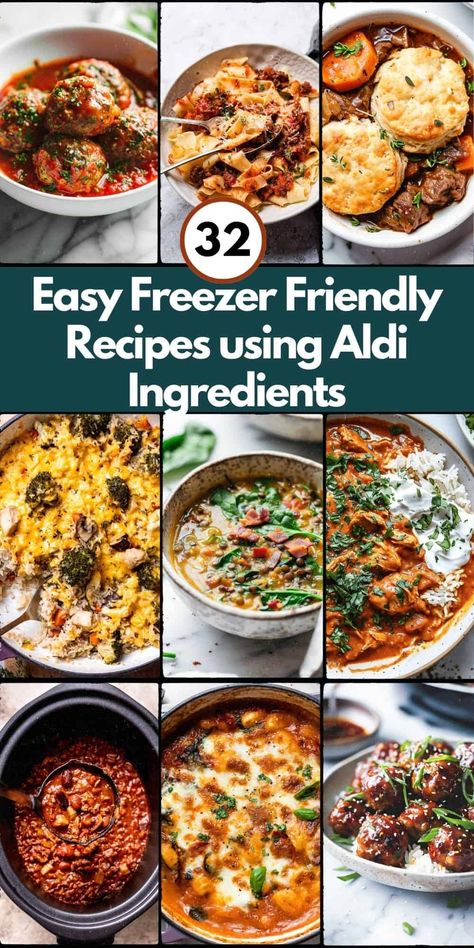 This Aldi meal plan features 32 cozy, freezer-friendly fall dinners! Easy dinner recipes that make healthy family dinners a breeze. Aldi Freezer Meal Plan, Aldi Fall Meals, Best Freezable Meals, Healthy Aldi Dinners, Aldi Freezer Meals, Aldi Dinner Ideas Healthy, Freezer Dinners Make Ahead, Aldi Recipes Dinners, Healthy Aldi Meals