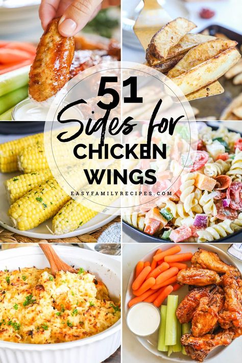 The ULTIMATE list of the best sides for chicken wings! This list covers sides for serving wings for dinner and what to serve with chicken wings as an appetizer. No matter whether you are having Buffalo wings, BBQ wings, teriyaki wings or even lemon pepper wings, we have the perfect side dish to go with it! We go from classics like celery sticks and carrots to hearty side dishes like potato casserole, and healthy side dish options too! This list is full of easy sides for wings! Chicken Wings Serving Ideas, Food To Go With Wings, Chicken Wing Party Ideas, Wings Sides Dishes, Wings Meal Prep, Chicken Wing Bar Wedding, Chicken Dinner Side Dishes, Sides For Buffalo Wings, Best Sides For Wings