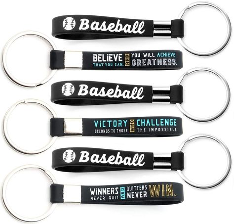 PRICES MAY VARY. Pack of 12 Baseball keychains with motivational sports quotes to inspire confidence, determination, and self-discipline. Each double-sided keychain features an inspirational message on one side, and "Baseball" word art on the other side. This variety pack of 1 dozen key chains includes 3 different designs (4 pieces of each design): Believe that You Can, Winners Never Quit, and Challenge the Impossible. Made from flexible silicone rubber, with a flat metal keyring for holding key Sports Inspirational Quotes, Baseball Keychains, Sports Party Favors, Inspirational Sports Quotes, Rugby Sport, Giveaway Gifts, Mens Keychains, Rubber Bracelets, Silicone Bracelets